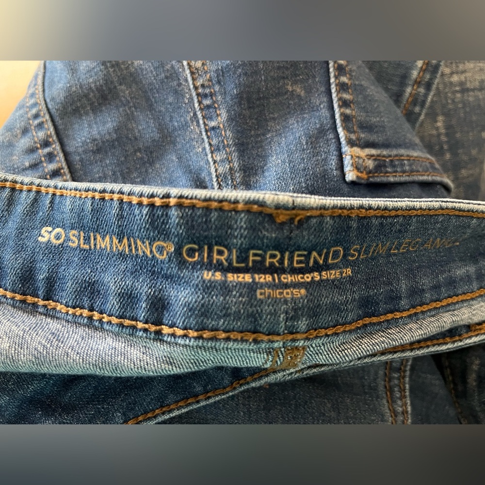Chico’s so slimming girlfriend slim leg ankle dark wash metallic rinse. Size 12R - Picture 11 of 16